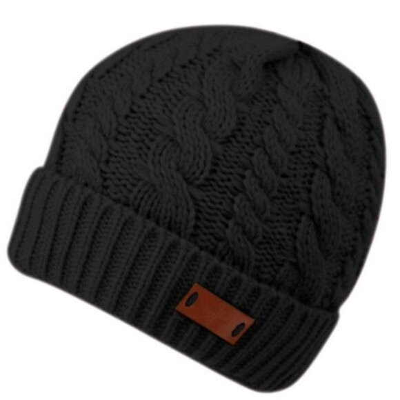 Black Chunky Knit Sherpa Lined Beanie Hat - Picture 1 of 2